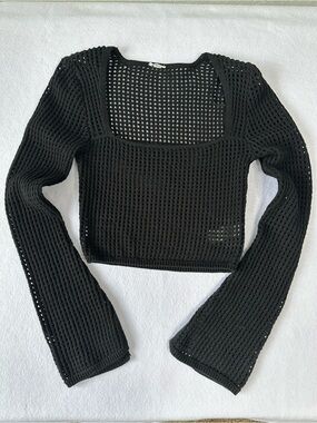 Garage Black Square Neck Crochet Knit Crop Top Sz M Bell Sleeve Boho Festival